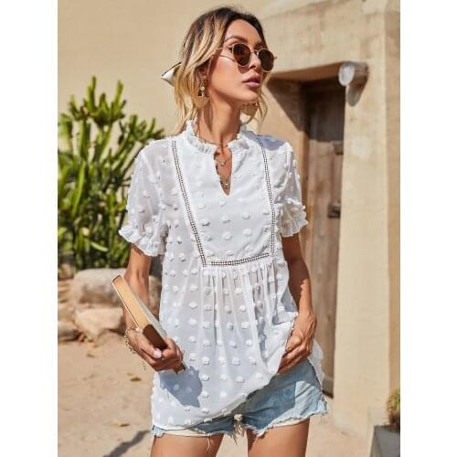 Summer Ruffle Neck White Romantic Swiss Dot Ruffle Neck Chiffon Blouse Flounce Sleeve