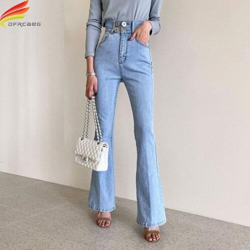 New 2021 High Waist Flare Jeans Woman Sky Blue And Blue Elegant Comfortable Pockets Full Length Denim Trousers Hot Sale