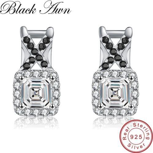 [BLACK AWN] Vintage 2.2g 925 Sterling Silver Natural "X" Black Spinel Engagement Stud Earrings for Women Fine Jewelry T042