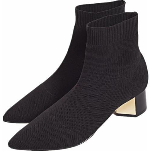 Pointed Toe Women Knit Sock Boot Black Short Booties Female Ankle Boots 4CM Chunky High Heel Shoes Woman Riding Boots