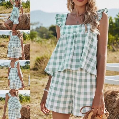 Women Plaid Printing 2 Piece Outfits Set Vest Shorts Pants Summer Casual Suit Sleeveless Straps Tank Tops
