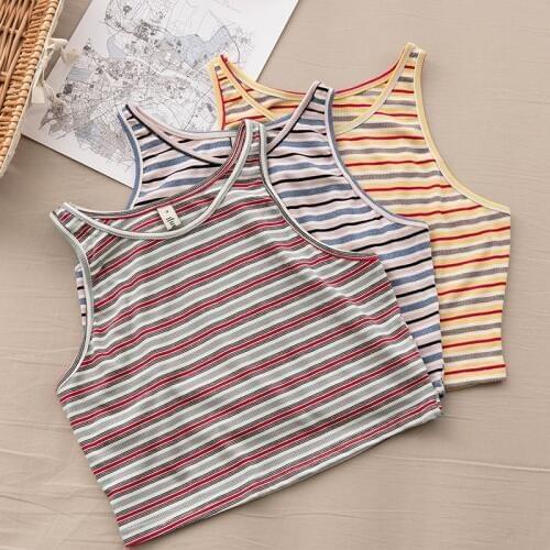 Colorful striped O-neck women summer crop tops sleeveless lady tank tops M30244