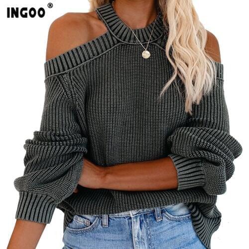 INGOO Autumn Sexy Halter Sweater Women Hollow Out Backless Cross Fashion Solid Jumper Puff Sleeve Winter Oversize Sweaters Top