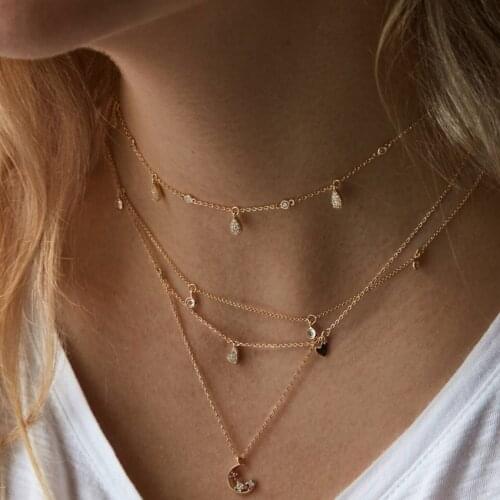 Fashion Layered Necklace Women Choker Moon And Star Statement Necklace Gold Color Girl Necklace Jewelry Birthday Party