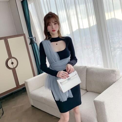 2021 Fashionable Spring Dress Sweater Feminine Feel Hollow Mesh Slicing Slim Black Knitted Dress
