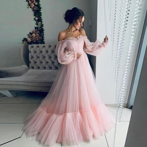Pretty 2020 Blush A-line Long Pink Tulle Prom Dresses Full Sleeves Off The Shoulder Ruffles Prom Gowns Party Dress
