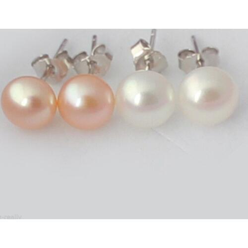 2 Pairs 7-8mm Natural pink white Cultured Pearl Silver Stud Earrings Eardrop