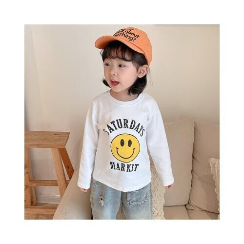 2021 Spring New Childrens Cotton T Shirt Girls Smiley Print Casual T-shirt Childrens Cotton Long-sleeved O-neck Top Tees 2-6Y