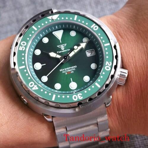 46.5mm 24 Jewels NH35A Green Dial Tandorio Brand Diving Automatic Watch Luminous Dial Unidirectional Bezel 20ATM
