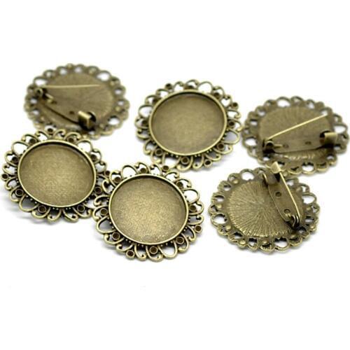 50Pcs Bronze Tone Round Flower Lace Cabochon Cameo Frame Setting DIY Brooches Back Pin Crafts Findings 38mm (Fit 25mm)