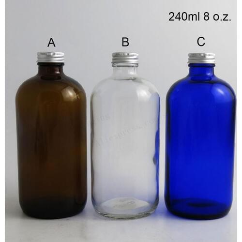 2 x 240ml Big Refillable Boston Round Glass Bottle with Aluminum Cap 8oz Blue Amber Clear Glass Containers Packaging