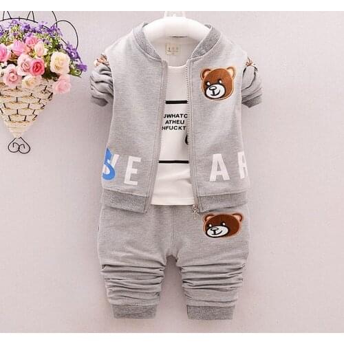 New 2017 hot sale cartoon bear cotton bebes 3pcs clothing set kids Baby boy Girls Clothes sets ,jacket baby romper Pant roupas