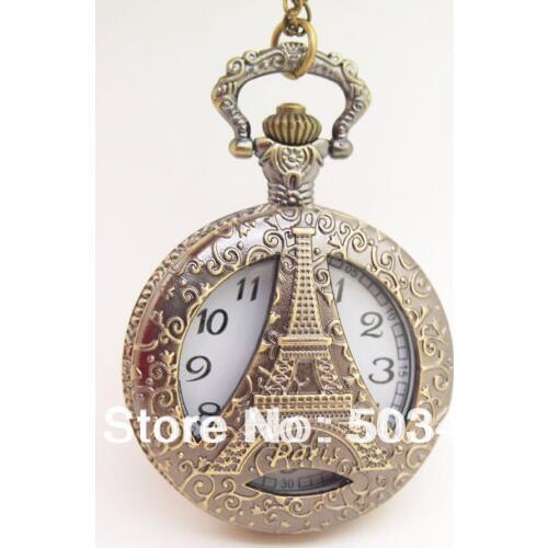 Hot Seller Eiffel Tower Design Pocket Watch Vintage Ladies Watch Fashion Quartz Pocket Watch,Bronze Color Pocket Watch100pcs/lot