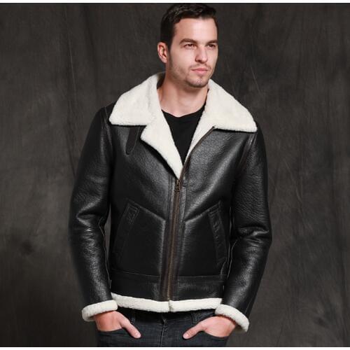 Mens Black B3 Shearling Jacket Sheepskin Coat 2019 New Short Leather Jacket Fur Coat Thick Mens Winter Coats
