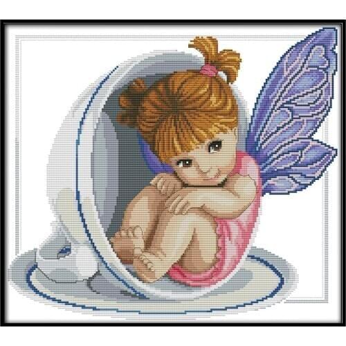 A Little Angel In The Cup Counted Cross Stitch Kits DMC 14CT Fabric DIY Angel Pattern Printed Canvas Embroidery Sets Home Decor
