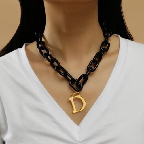 Acrylic Acetic Acid Chunky Thick Pendant Gold Letter D Choker Necklace Collar Statement Resin Black Color Necklaces Jewelry