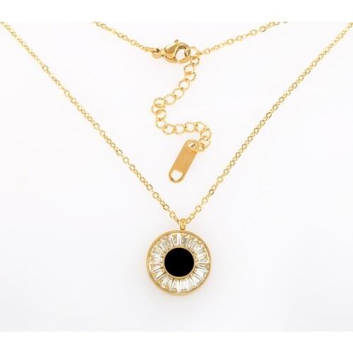 Luxury Square Rhinestone Black/White Shell Pendant Necklace High Quality Stainless Steel Trendy Link Chain Jewelry For Women Men