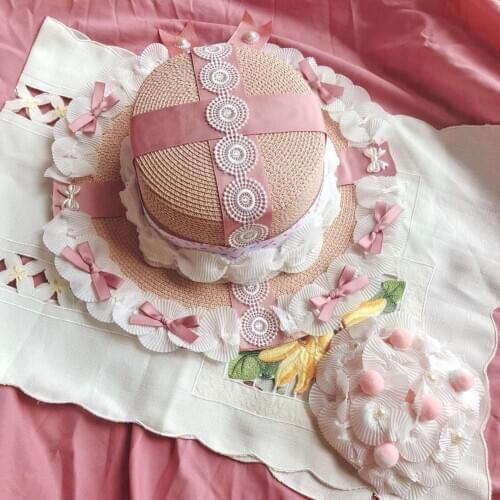 Handmade Pastoral style Sweet Mori Girl Super sweet cream Cos strawberry Lace lovely Bowknot Gorgeous Straw Hat Small Top hat