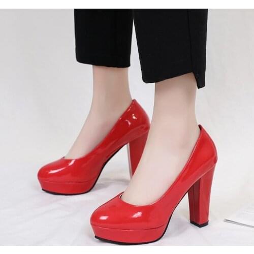 Hot Women Pumps Shoes Women PU Leather Shallow Slip-On Round Toe High heels Wedding Party Derss shoes Mujer Plus size 34-42 New