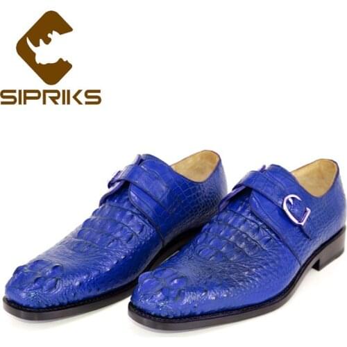 Sipriks Imported Blue Crocodile Skin Shoe 100% Mens Single Monk Strap Elegant Black Buckle Goodyear Welted Formal Shoes Italian