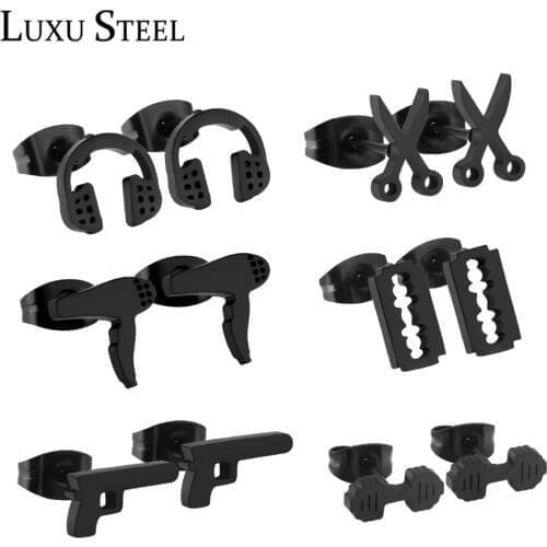LUXUSTEEL Unique Style Black Stud Earrings Stainless Steel Music Note/Scissors/Hair dryer Shape 6pairs/Boxes Earring Sets Women