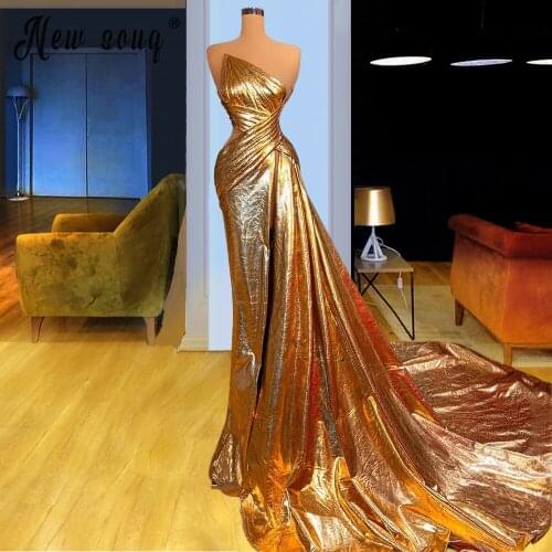 Dubai Gold Mermaid Evening Dress with Split Side 2021 Long Prom Formal Dresses Black Girls Graduation Party Gowns Wedding