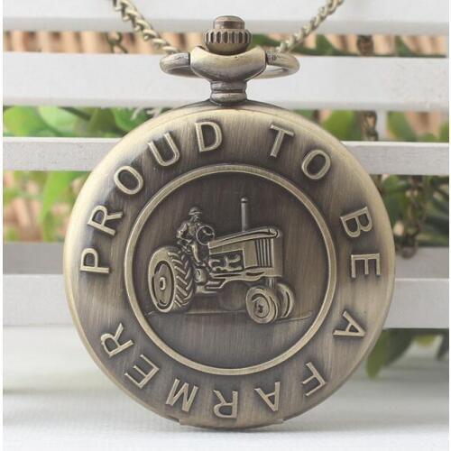 Vintage Bronze Harvester Design "Proud To Be A Farmer" Words Pocket Watch Chain High Quality Fob Watch Gift for Farmer P587