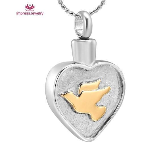 W002 Peace Dove Heart Urn Necklace for Ashes Stainless Steel Keepsake Memorial Locket Cremation Jewelry for Pet/Human