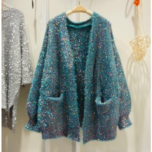 Bright Silk Mixed Color Cashmere Sweater Coat Spring Long Lantern Sleeve Mohair Knitted Cardigan Loose Outwear Tops Sueter Mujer