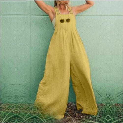 Female jumpsuit Fashionable cotton and linen solid color wide-leg jumpsuit womens Loose casual suspenders trousers summer 2021