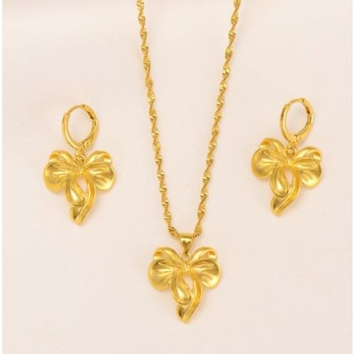 Dubai India Gold bow knot wedding Necklace Earrings Pendant Jewelry Sets women girl wedding bridal Party souvenir charms gift