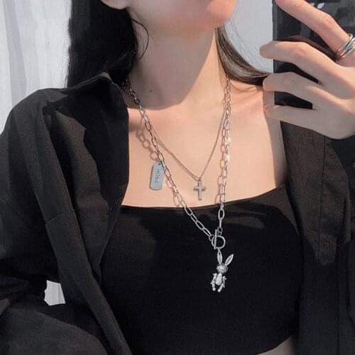 Fashion layered simple cross rabbit metal pendant necklace for women initial statement anime harajuku accessories jewelry women
