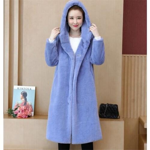 2021 Winter Fashion New Mid-Length Hooded Long-Sleeved Thickened Warmth Imitation Rex Rabbit Fur Warm Fur Coat Female Trend 079