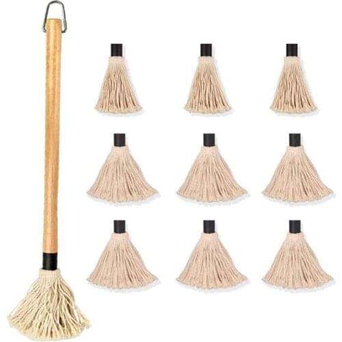 1 Pack Grill Basting Mop Wooden Long Handle with 9 Extra Replacement Heads,BBQ Basting Mop for Grilling Barbecue Cooking