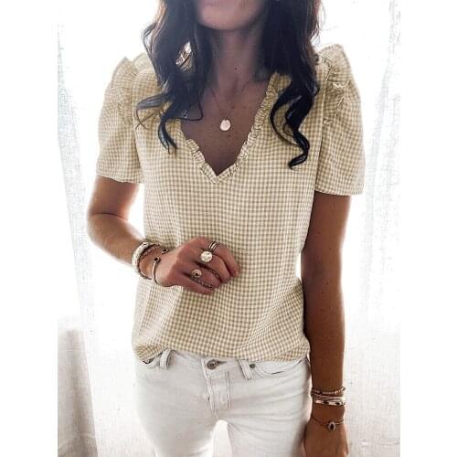2021 Summer Women Blouse Sexy V Neck Ruffles Plaid Short Sleeved Shirt Fashion Blouses Casual Shirts Elegant Office Beach Tops