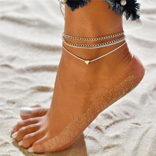 2021 Bohemian Silver Color Anklet Bracelet Fashion Heart Female Anklets Barefoot For Women Leg Chain Beach Foot Jewelry