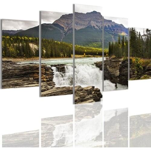Falls Athabasca Deep Canyon Natural 5 Panels Canvas Painting Poster Wall Art Print Picture Living Room Interior Home Decor Frame