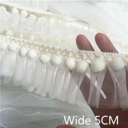 5CM Wide Pleated Mesh 3D Embroidery Lace Applique Pom Pom Ruffle Trim Ribbon For DIY Sewing Curtains Dresses Tassel Fringe Decor