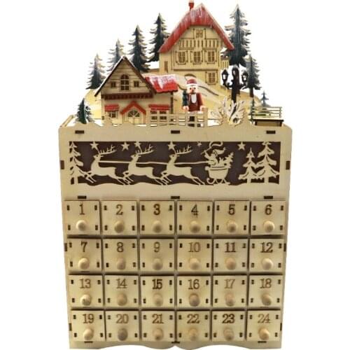 68UE Christmas Wooden Advent Calendar LED Lighted Village House Santa Claus Countdown Ornament with Large Drawers Box Xmas Gifts
