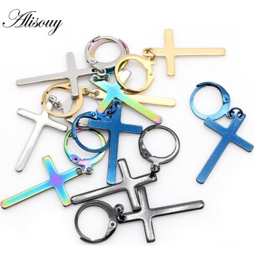 Alisouy 2pc Fashion Men Women Metal Hoop Cross Drop Dangle Ear Studs Earrings Party Punk Earring Jewelry long earrings