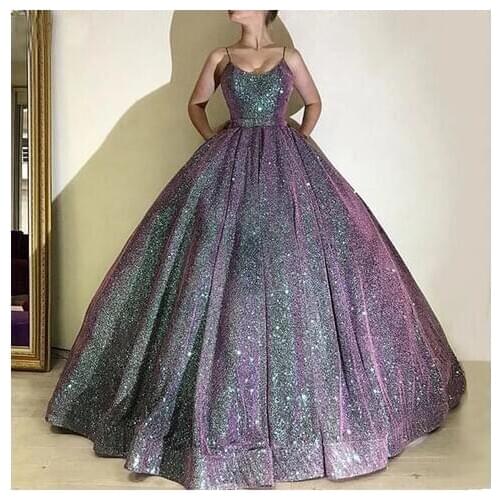 2021 Ball Gown Glitter Evening Dresses Long Corset Back Sleeveless Spaghetti Straps Scoop Neck Formal Party Gowns Robe De Soiree