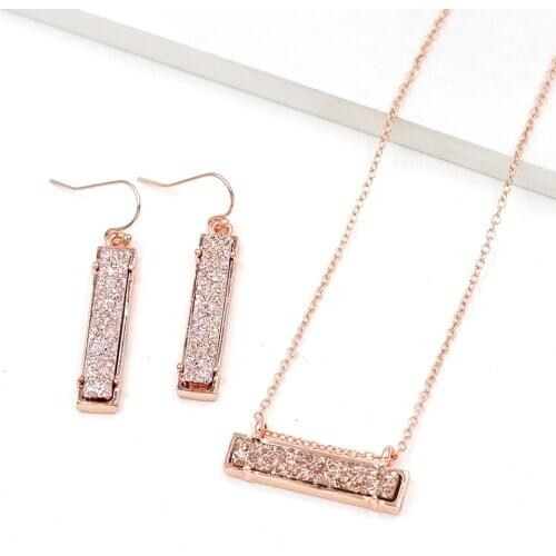 Bar Style Square Geometric Multicolor Resin Druzy Insert Choker Necklace & Earring Jewerly Set