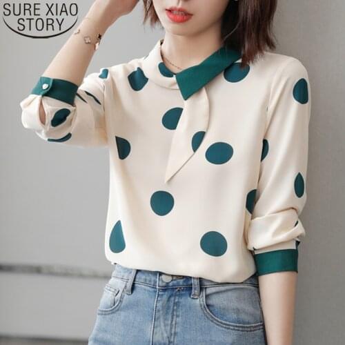 Elegant Chiffon Blouse Women Polka Dot Shirt Sweet Fashion Bow Stand Collar Pullover Tops Long Sleeve Blouse Blusa Mujer 16501