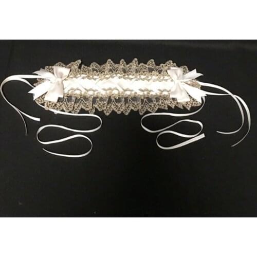 Gothic Lolita Maid Ruffled Lace Headband Crisscross Ribbon Bowknot Sweet Hairband Imitation Pearl Pendant Vintage Cosplay Party