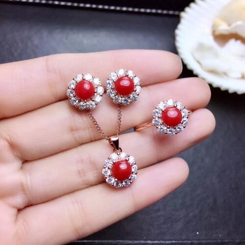 Natural red coral gem S925 silver ring Pendant earrings natural gemstone Jewelry Set fashion Sun flower girl party gift jewelry