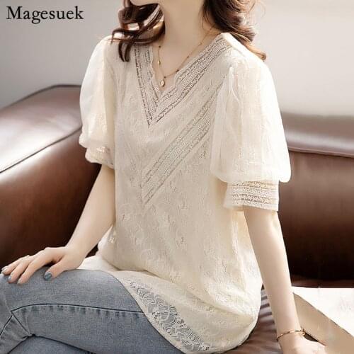 5XL Plus Size Lace Mesh Stitching Blouse Women Elegant 2021 Summer Short Sleeve V-neck Shirt Loose Hook Flower Top Female 15461