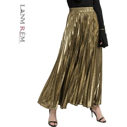 LANMREM 2021 new autumn fashion women clothes high waist A-line pleated sliver vintage elastic long halfbody skirt WH28501XL