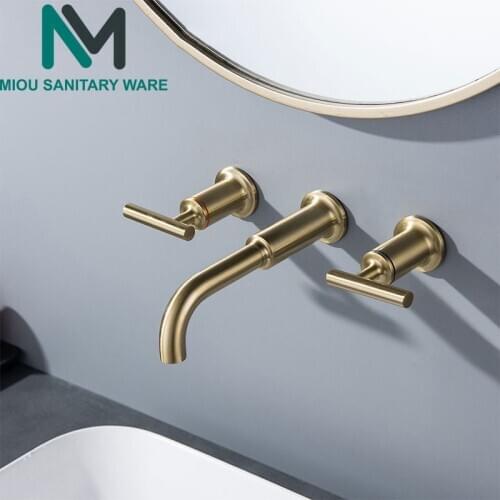 Brass Double Handle Wall Mounted Bathroom Faucets Sink Faucet Hot & Cold Water Taps Basin Mixer Brushed Gold Tap Set