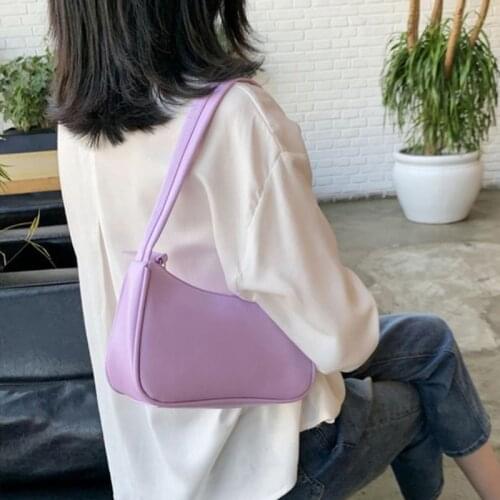 Handbags Fashion Design Girls Small Shoulder Bags Soft Pu Leather Women Purple Underarm Bag Retro Solid Color Ladies Baguette