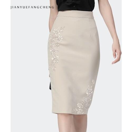 Fashion Beige Embroidery Ladies Pencil Skirt Summer New Mid-Length Sexy Elegant Women Office Clothes Back Split One Step Skirts